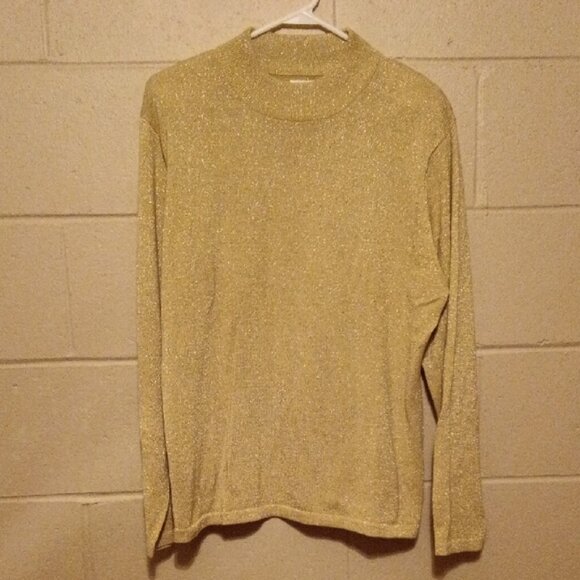 Vintage Yarnworks himmering Gold Turtleneck Sweater Should Pads Siz XL - Picture 1 of 9